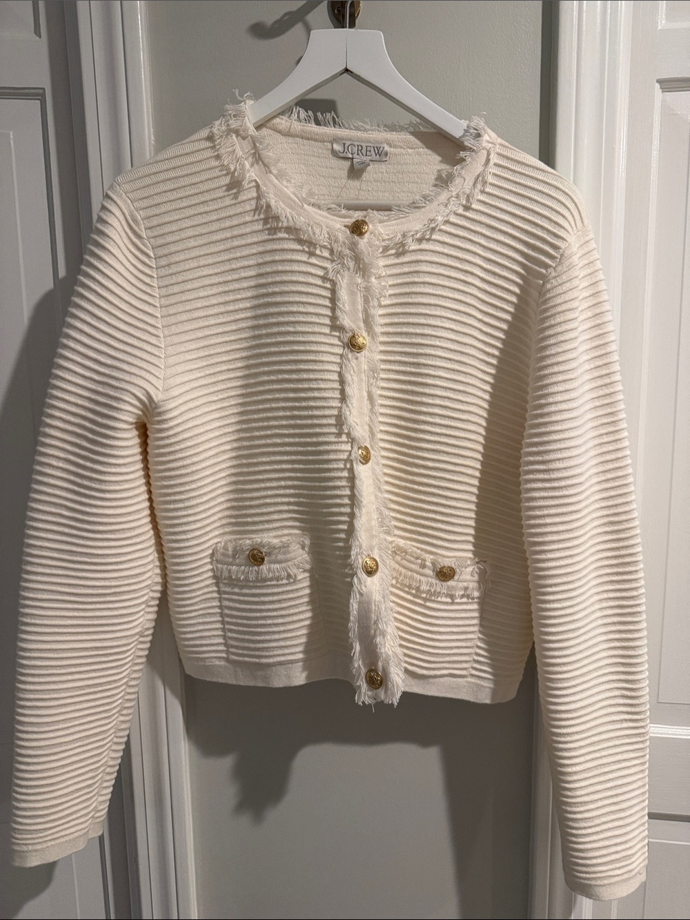 J. Crew Cream Textured Fringe Trim Cropped Lady Cardigan Jacket L